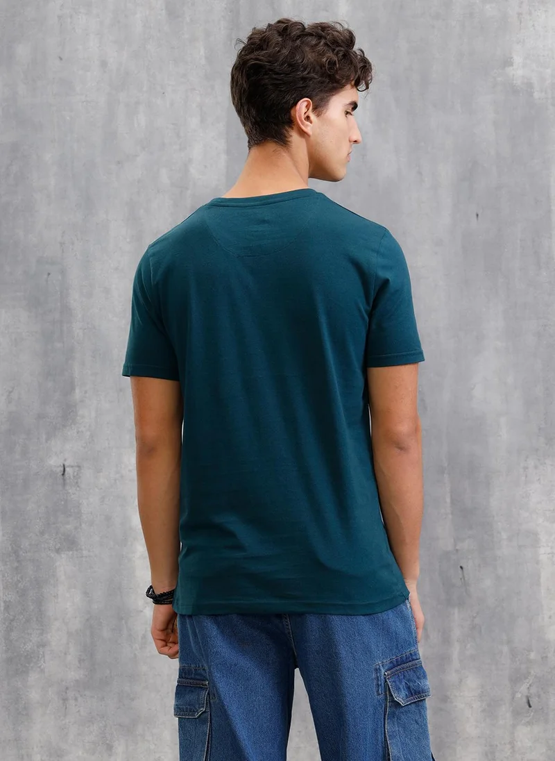 Wrogn Denim Patchwork Inspired Chest Graphic T-Shirt | Teal
